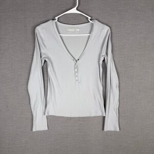 Abercrombie & Fitch Womens Small Gray Ribbed Long Sleeve V-Neck Henley Top